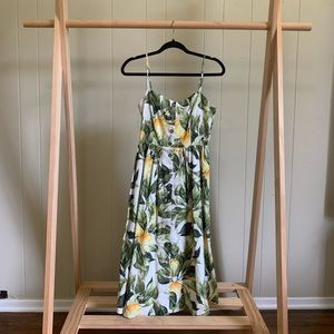 Linen Lemon Floral Print Midi Tank Button Up Dress